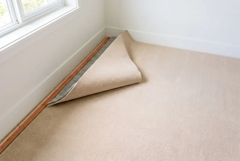 Carpet folded back from the wall, showing the tack strip and pad, ready to restretch