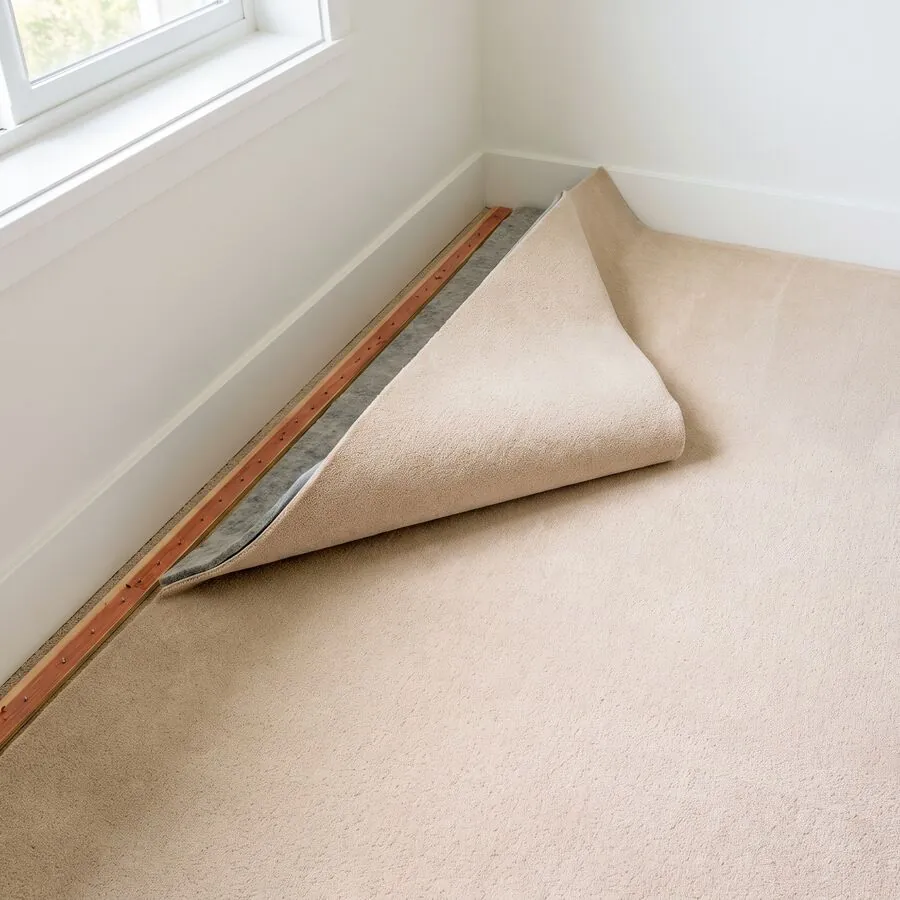 Carpet folded back from the wall, showing the tack strip and pad underneath