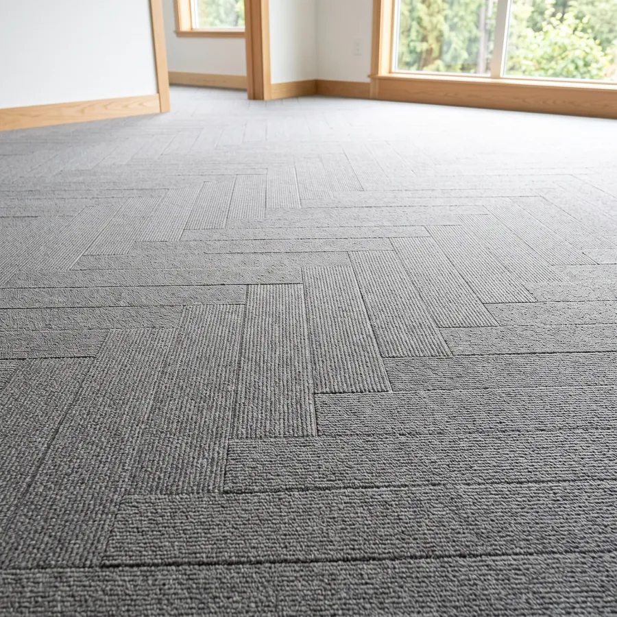 Grey carpet planks laid in a herringbone, close up