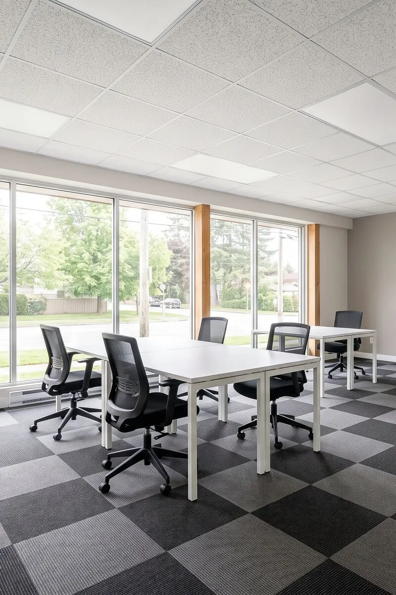 Grey carpet tile laid in a checkerboard in an office