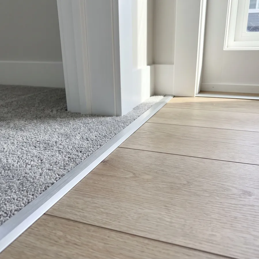 Carpet meeting a wood-look floor at a doorway, with a metal transition strip
