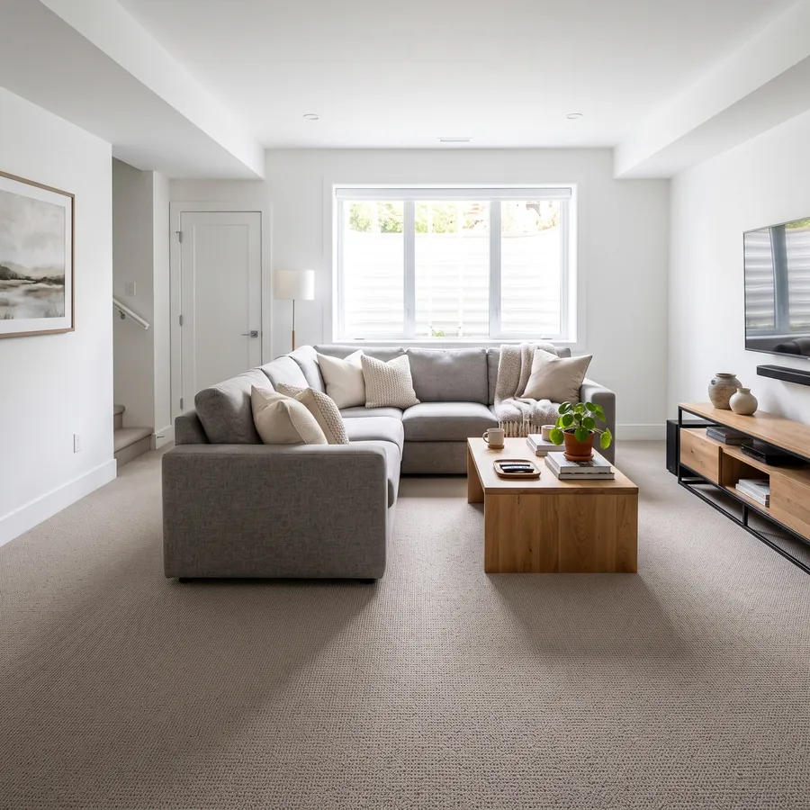 A carpeted basement family room with a sectional sofa