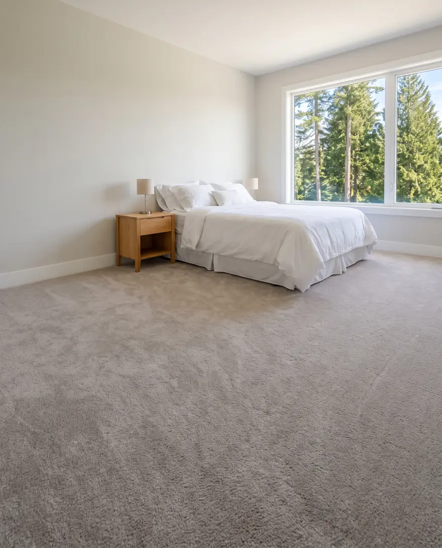 A bedroom with new wall-to-wall carpet in a soft warm grey