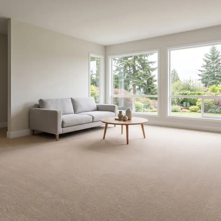 A freshly carpeted family room with big windows onto the garden