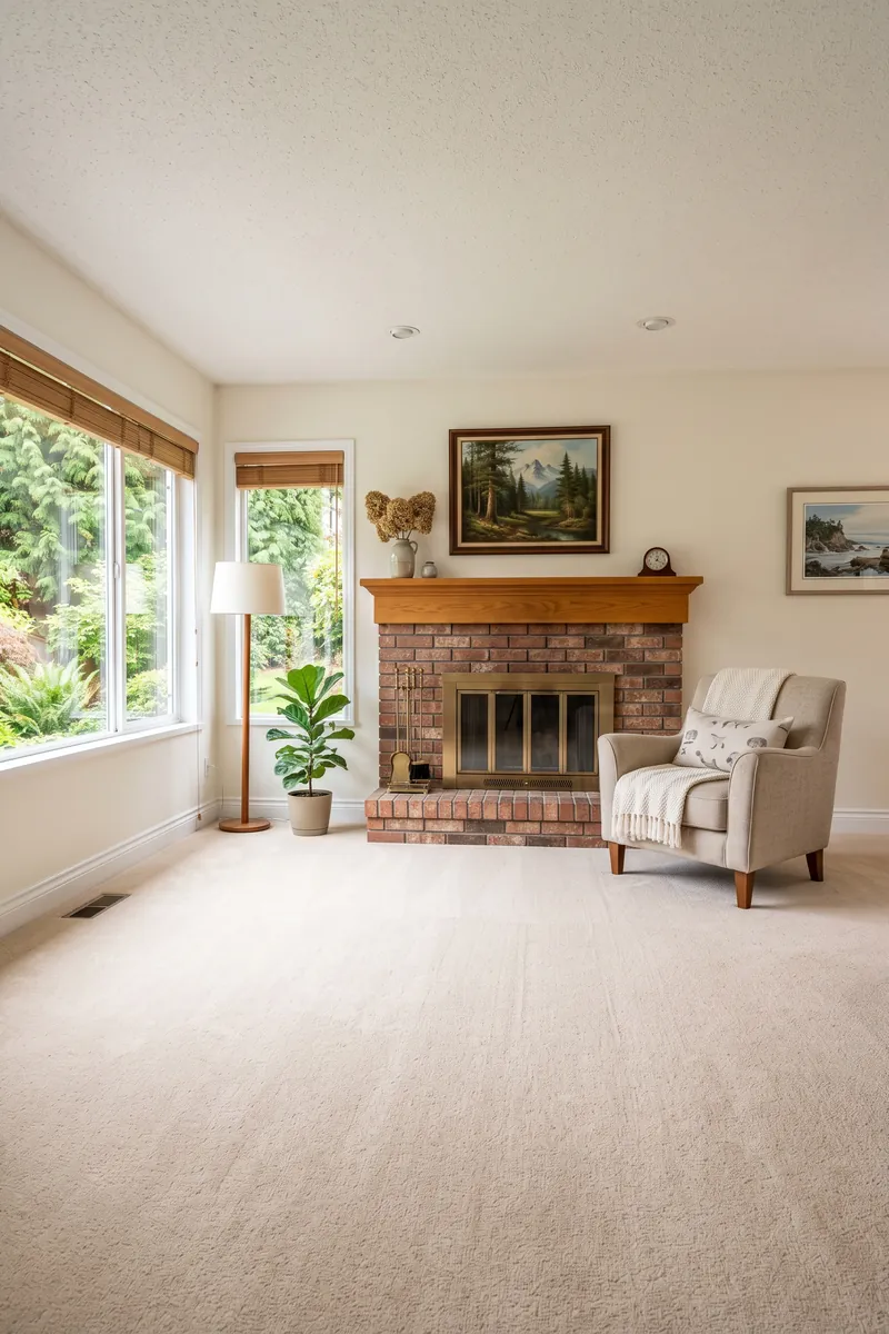 A carpeted living room with a brick fireplace