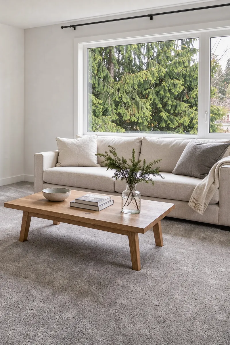 A living room with new grey carpet and a sofa under a big window onto evergreens