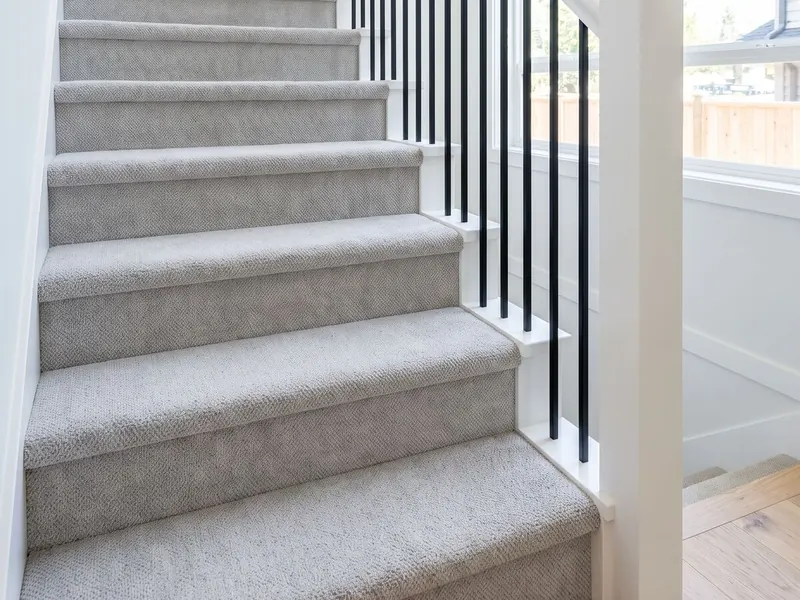 Carpeted stairs with white trim and black spindles