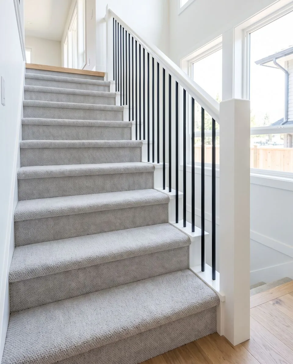 A carpeted staircase with a white handrail and black spindles