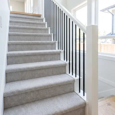 A carpeted staircase with black spindles