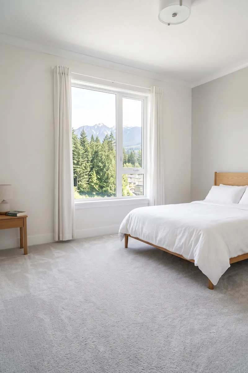 A carpeted bedroom with a window onto evergreens and mountains