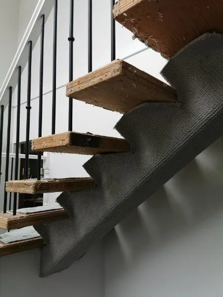 The side of the staircase wrapped in carpet