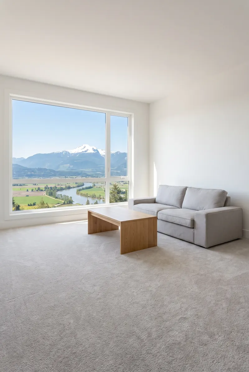 A carpeted living room with a picture window over the Fraser River valley to Mount Baker