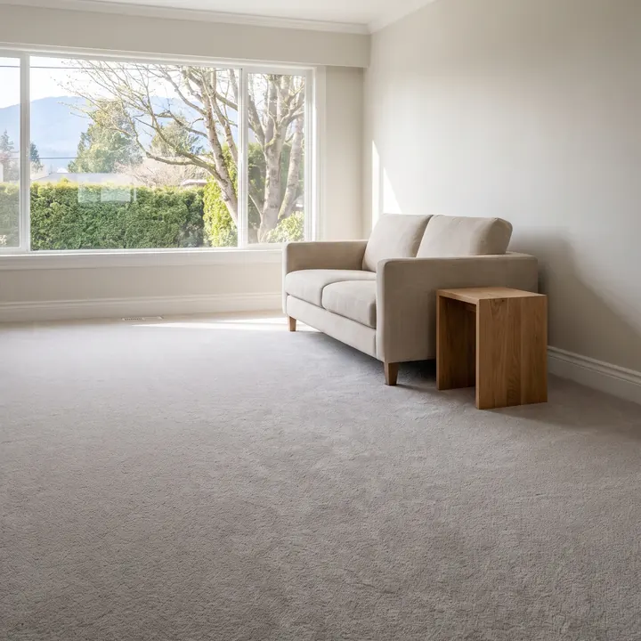 New grey carpet in the living room of an older rancher-style house