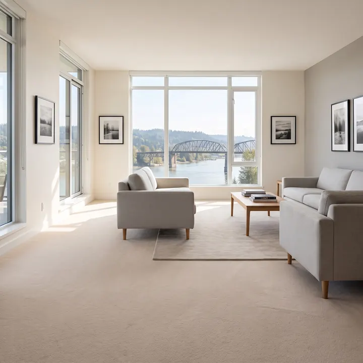 A carpeted condo living room with windows onto the river and a steel bridge