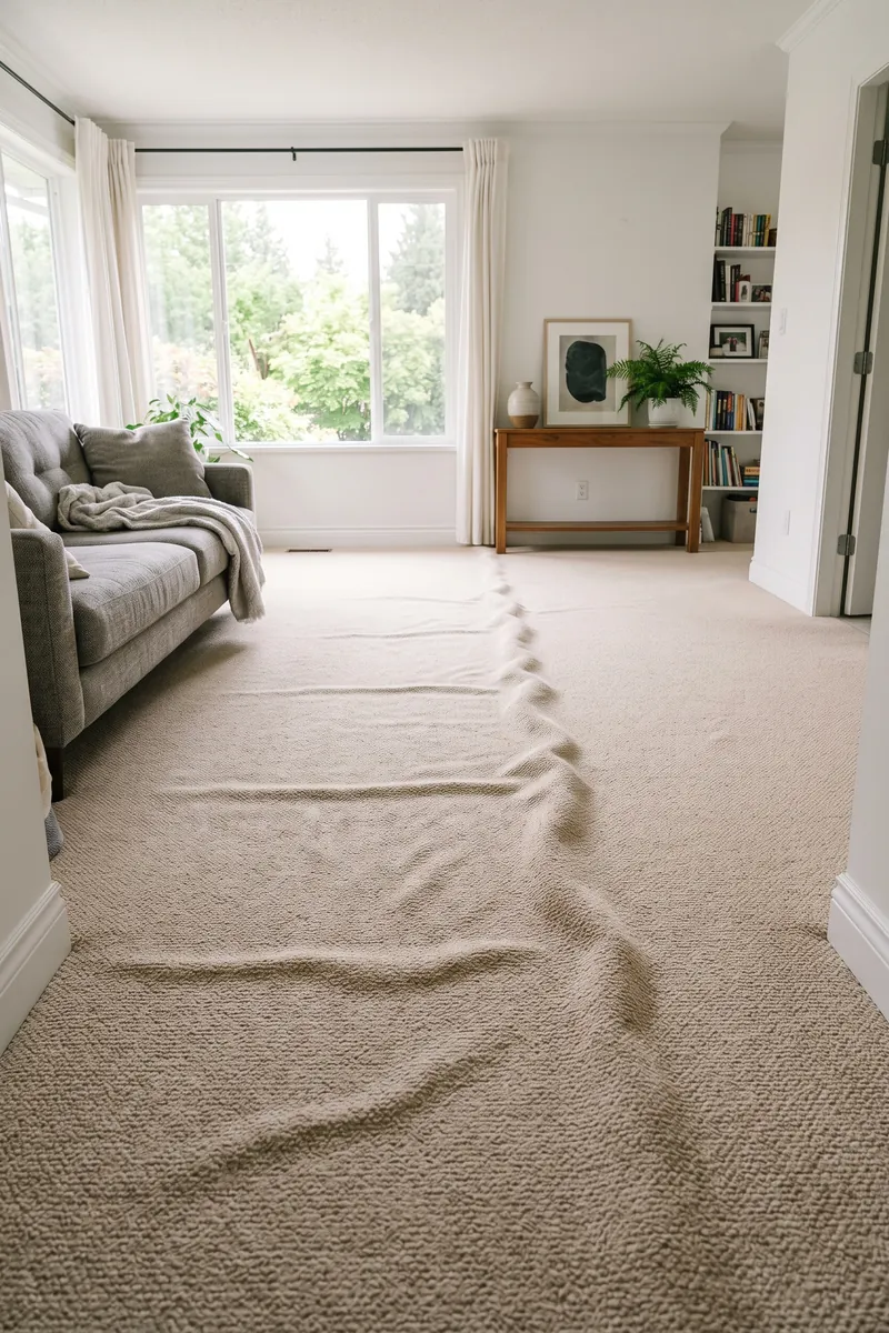 Loose carpet rippling across a living room floor