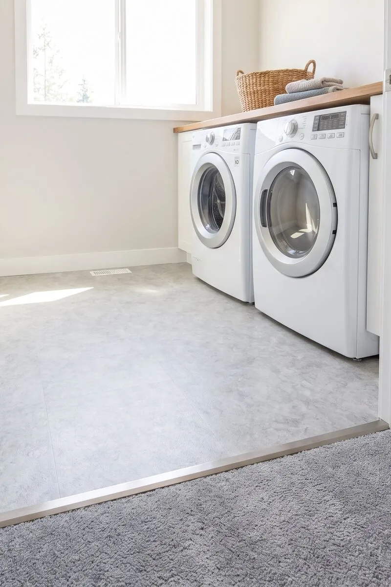 Grey sheet vinyl in a bright laundry room