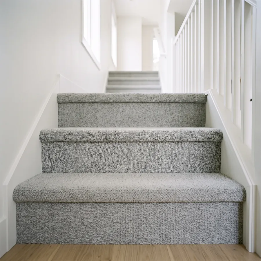 New grey carpet wrapped tight over each stair nose