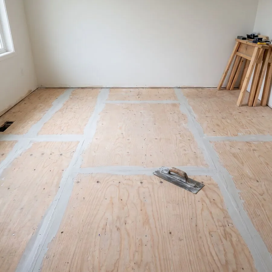 Seams in a plywood subfloor filled and levelled, ready for vinyl