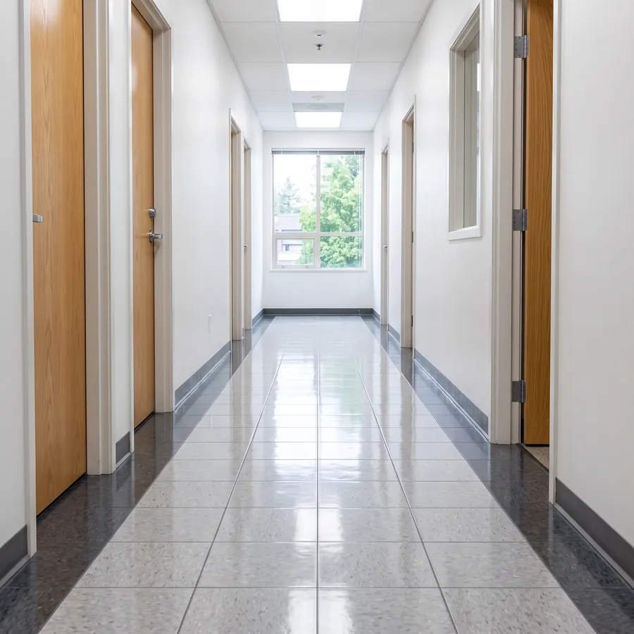 A polished tile floor down an office corridor, with a darker border along each wall