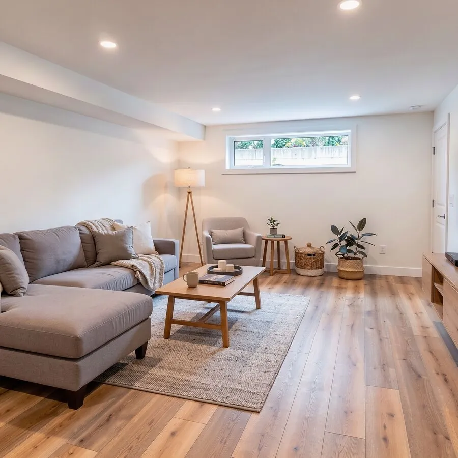Wood-look vinyl plank in a basement rec room